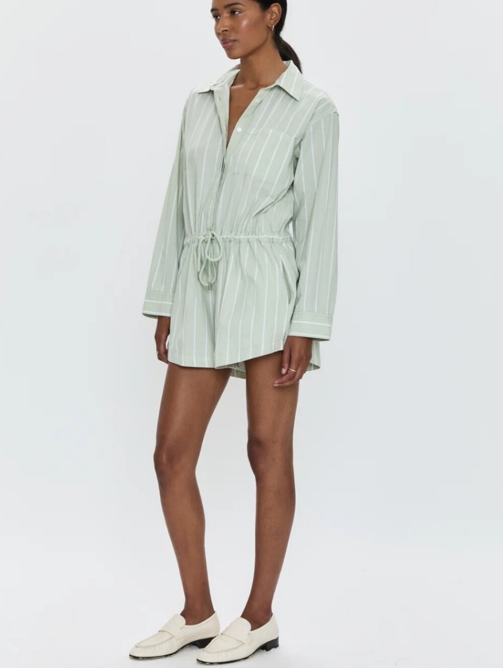 Pistola Amelie Romper Size L Pistachio Stripe Button-up with Pockets Long Sleeve